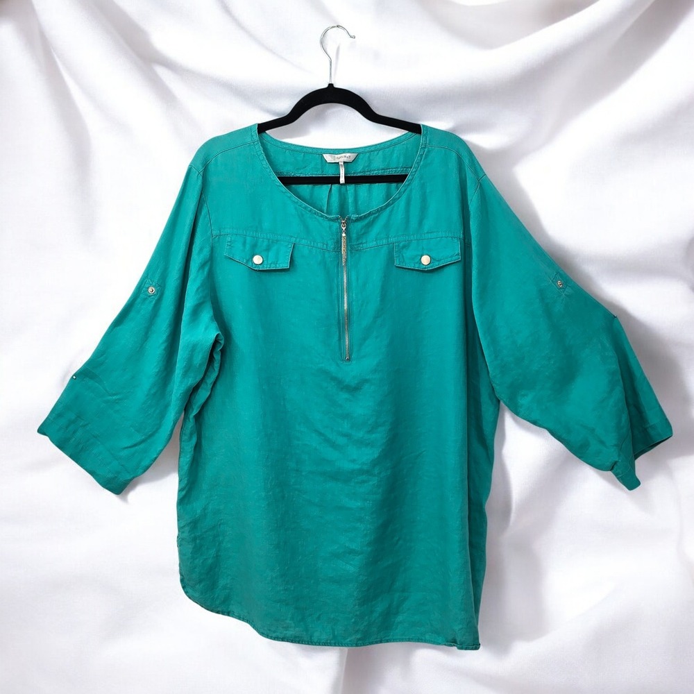 Ellen Tracy All Linen Top Roll Tab Sleeve Half Zip Pockets Woman XXL Turquoise